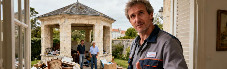 Un débarras professionnel examine une maison à La Rochelle, montrant des meubles encombrants.