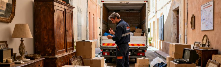 Un professionnel du débarras évalue un studio encombré à La Seyne-sur-Mer, avec un camion prêt en arrière-plan.