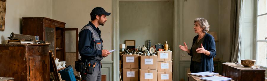 Un débarrasseur inspecte une pièce en désordre avec des cartons étiquetés pour optimiser le débarras.