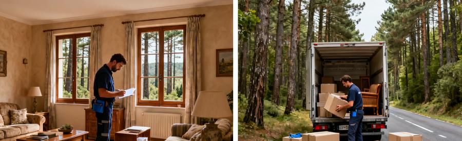 Deux scènes de débarras dans le département des Landes, montrant un professionnel évaluant des objets et un chargement dans un camion près de la forêt.