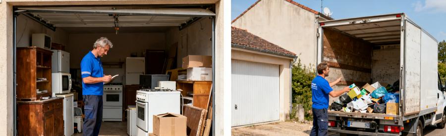 Avant et après le débarras d'un garage à Lattes, montrant des professionnels en action.