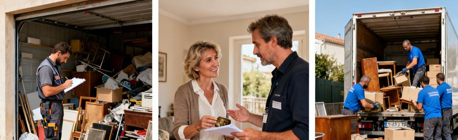 Étapes du processus de débarras à Lattes : évaluation, discussion et intervention de professionnels.