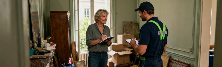 Un débarrasseur examine des biens à évacuer à Le Creusot, discutant avec le propriétaire.