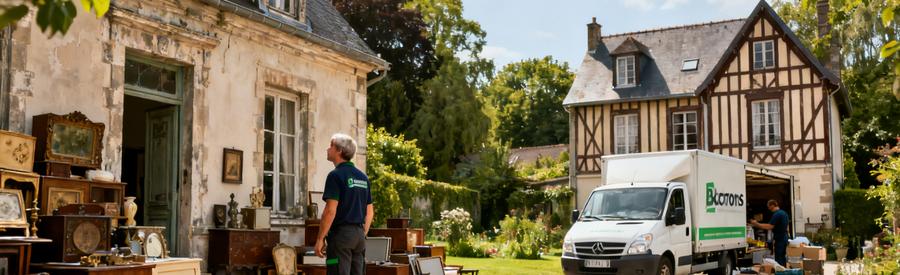 Débarras à Liévin avec professionnels inspectant une maison ancienne, camionnette devant le jardin.