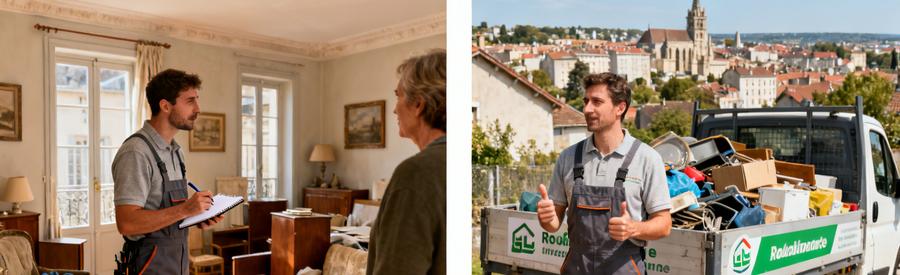 Évaluateur de débarras à Roanne discutant avec un client et chargement de camionnette locale.