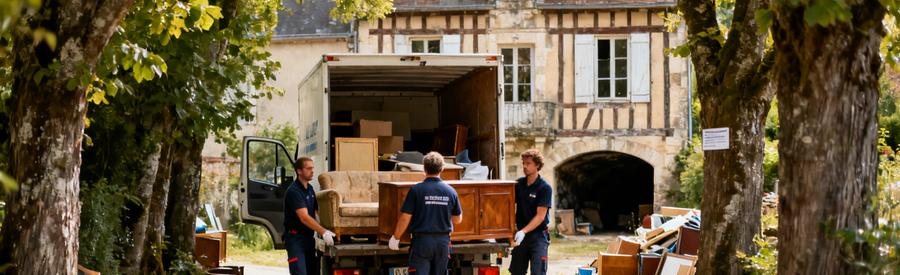 Professionnels du débarras en Sologne transportant des meubles dans un chemin étroit, devant une maison typique.