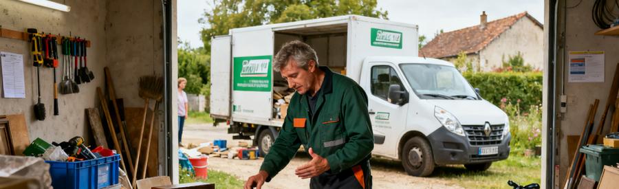 Un professionnel inspecte des objets dans un garage du Loiret, mettant en avant les services de débarras.