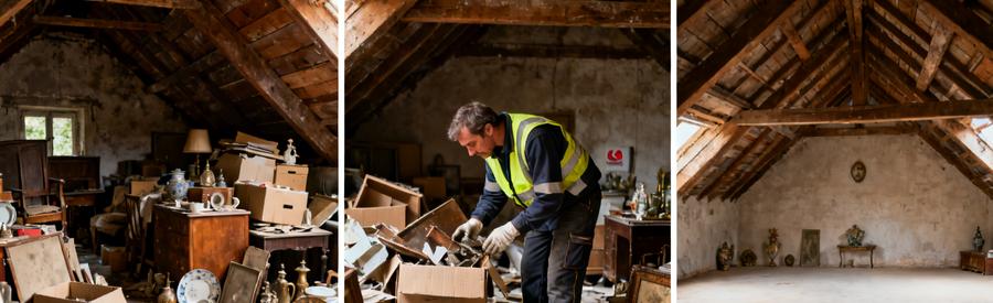 Avant et après le débarras d'un grenier à Lons-le-Saunier, avec un professionnel au travail.