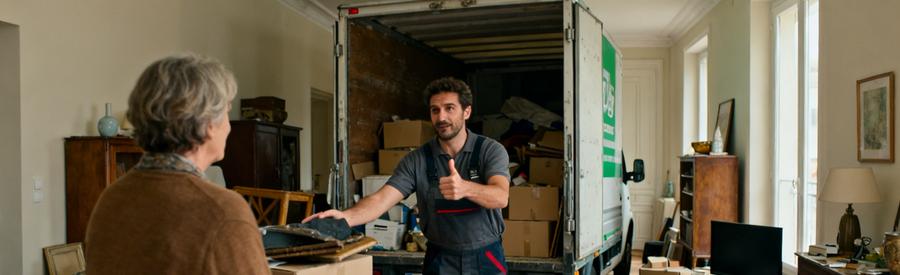 Professionnel du débarras triant des objets dans un T3 à Lons-le-Saunier, camion prêt pour le chargement.