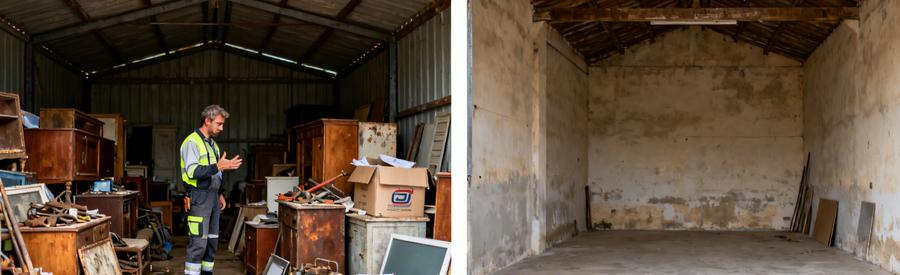 Débarras d'un hangar dans le Lot-et-Garonne, avant et après, affichant le professionnalisme des intervenants.