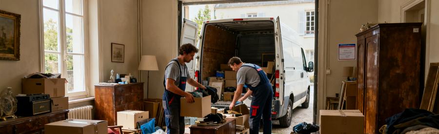 Professionnels en action dans un appartement T3 encombré à Lunéville, triant et chargeant des objets dans une camionnette.