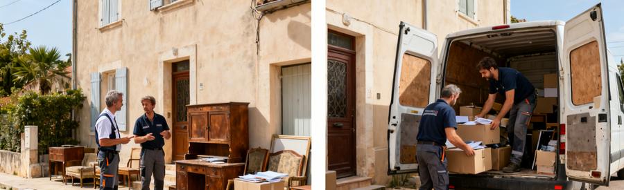 Deux débarrasseurs discutent devant une maison à Manosque, puis chargent des meubles dans une camionnette.