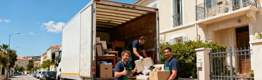 Professionnels de débarras chargeant des meubles dans un camion à Marseille 11ème, montrant l'accessibilité du quartier.
