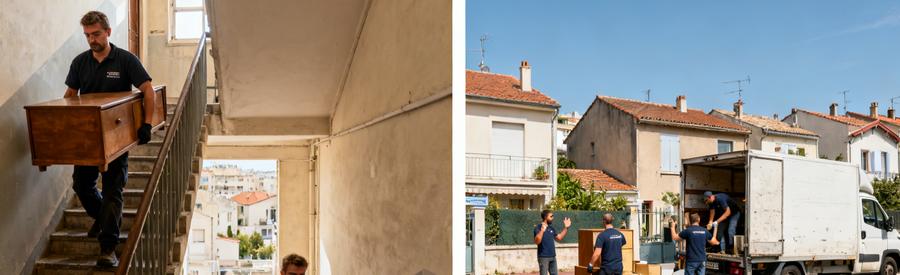 Débarras dans le 14ème arrondissement de Marseille, montrant des professionnels en action dans des appartements et pavillons.