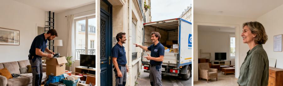 Professionnels du débarras évaluant des objets dans un appartement avec accès varié à Marseille 7ème, mettant en avant facilité et satisfaction.