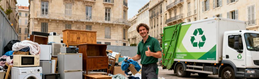 Un débarras professionnel à Marseille, triant des objets pour le recyclage, avec vue sur le 3ème arrondissement.