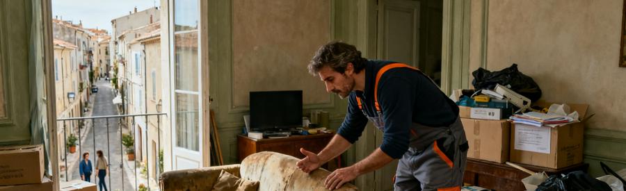 Un professionnel du débarras examine attentivement des meubles dans un appartement ancien à Martigues.