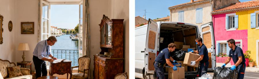 Deux scènes montrant des professionnels du débarras à Martigues, évaluant des meubles et chargeant une camionnette.