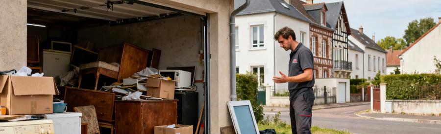 Un professionnel inspectant un garage encombré à Maubeuge, avec meubles et cartons.