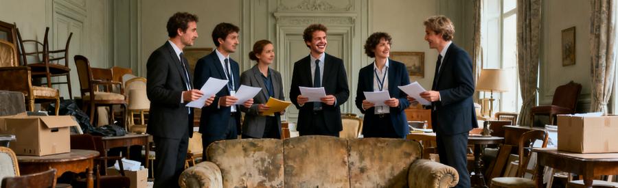 Cinq débarrasseurs évaluent des meubles dans un salon, illustrant la comparaison d'offres et la satisfaction client.