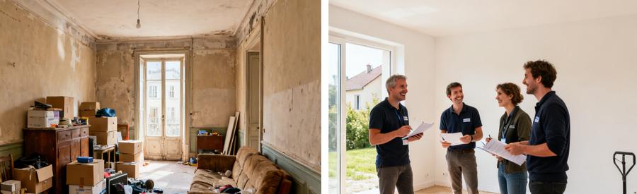 Avant/Après d'un débarras dans la Meurthe-et-Moselle, montrant un appartement encombré et un pavillon vidé avec des professionnels au travail.