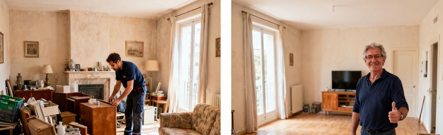 Débarrasseur dans salon encombré à Miramas, puis salon vide et propre, montrant la satisfaction du propriétaire.