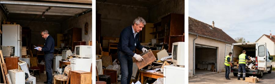 Trois scènes d'un débarras à Montivilliers : inspection, tri d'objets et garage vidé et propre.