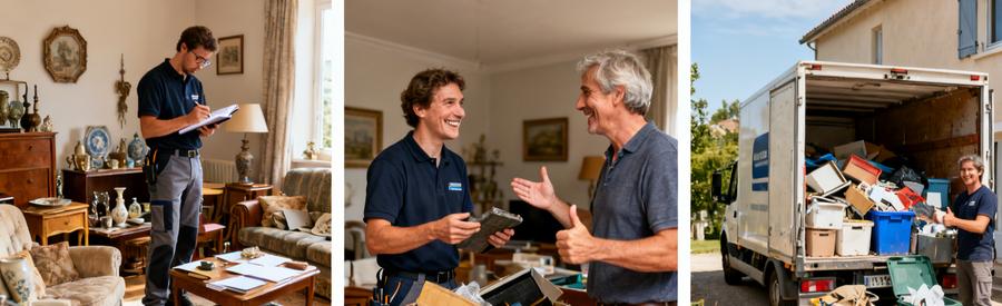 Scènes illustrant le processus de débarras à Montivilliers : évaluation, discussion et chargement de camionnette.