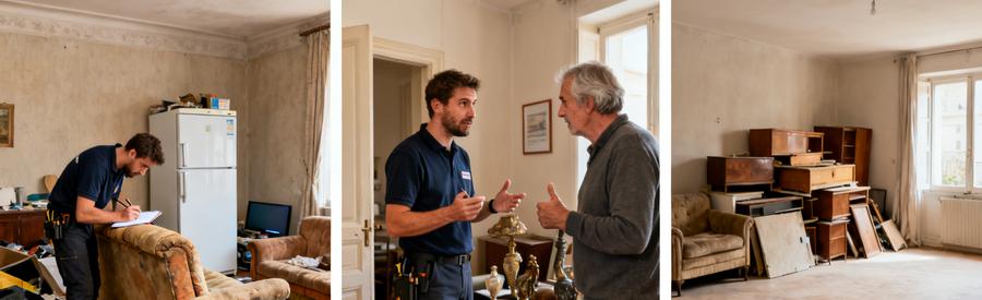 Débarras illustrant les étapes d'évaluation, discussion et récupération d'objets à Muret, avec un salon avant après.