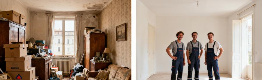 Avant/après dans un appartement à Nevers, montrant l'intervention d'équipes de débarras professionnelles.