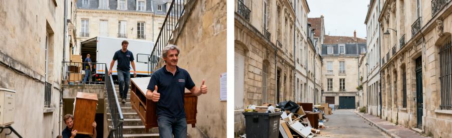 Démonstration d'un débarras dans une rue étroite de Niort, avant et après l'intervention avec des professionnels.