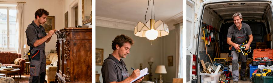 Trois scènes de professionnels inspectant, évaluant et chargeant des objets de valeur lors d'un débarras.