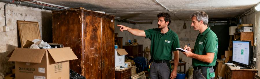 Équipe de débarras examinant une cave encombrée dans une maison d'Olivet, avec cartons et vieux meubles.