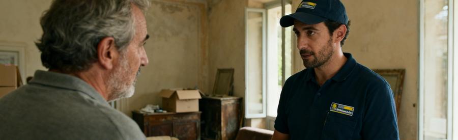 Professionnel du débarras à Orange discutant avec un client pour décrire ses besoins en tri et évacuation.