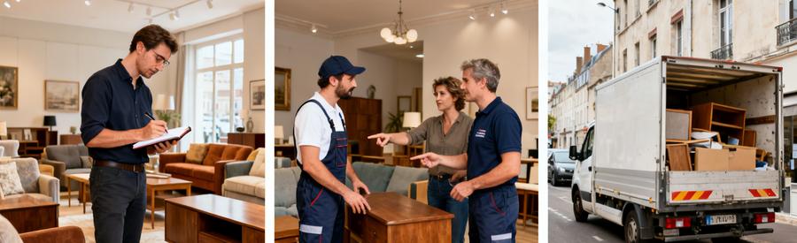 Trois scènes illustrant le choix d'un professionnel du débarras à Orléans, avec inspection, discussion et camionnette chargée.