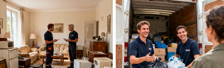 Professionnels du débarras évaluant des objets dans un salon à Orvault, puis chargeant une camionnette.