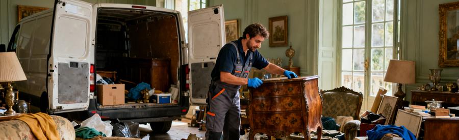 Un professionnel du débarras à Périgueux inspecte des meubles anciens dans un salon encombré, prêt à intervenir.
