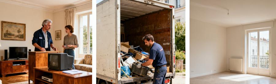 Professionnel inspectant des objets à Pertuis, processus de débarras en salon, espace dégagé après intervention.