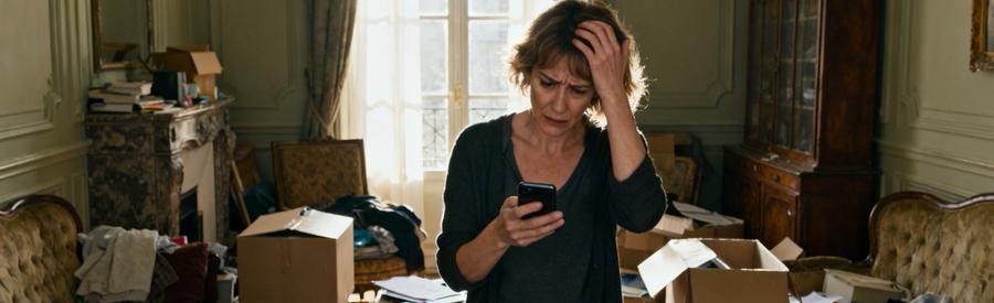 Personne frustrée dans un salon en désordre, cherchant des débarras en ligne afin de simplifier la tâche.