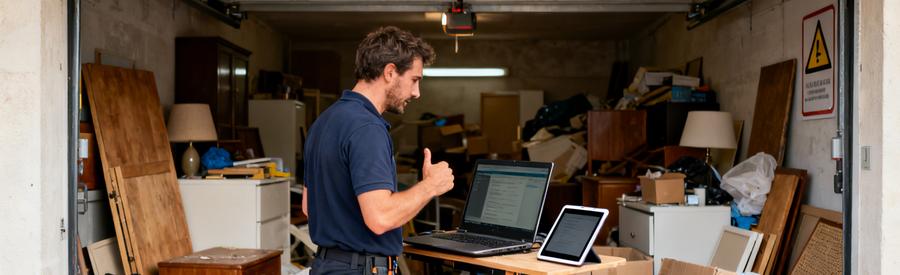 Un professionnel évaluant un débarras sur un ordinateur dans un garage encombré, montrant la simplicité du processus à Pessac.