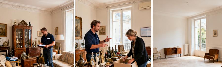 Débarras à Ploemeur : évaluation d'objets avant le nettoyage complet d'un salon, mettant en avant la valorisation des biens.