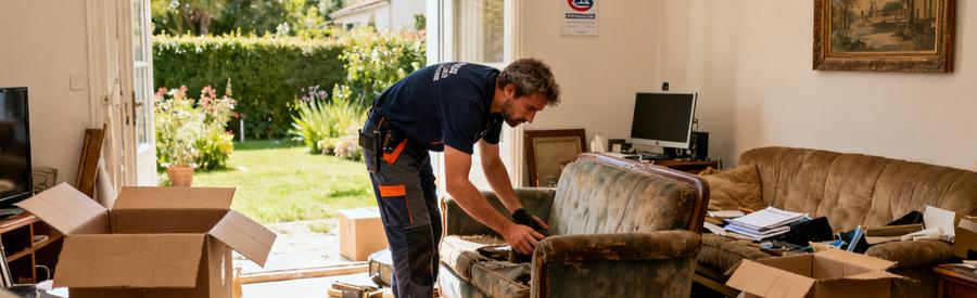 Un professionnel effectuant le tri d'objets encombrants dans un salon en désordre à Ploemeur, mettant en avant l'expertise d'un débarrasseur.