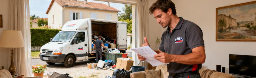 Un professionnel du débarras à Meyzieu examine des objets dans un salon, prêt à charger sa camionnette.