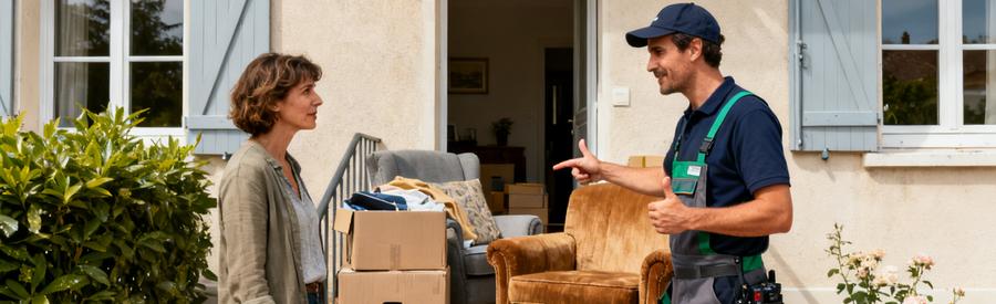 Scène d'un professionnel du débarras échangeant avec un client à Rillieux-la-Pape, entouré d'objets à évacuer.