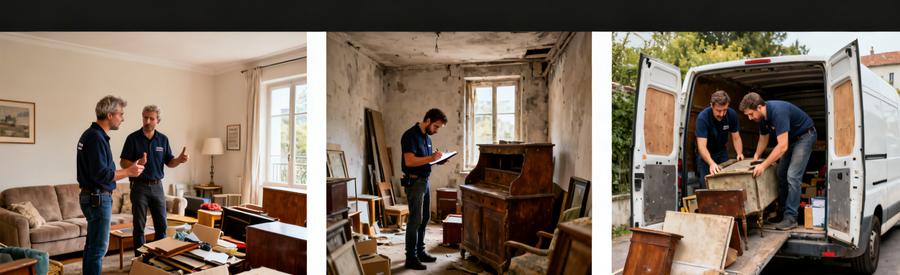 Deux experts en débarras échangeant autour d'objets, inspections et chargement dans une camionnette dans le Loiret.