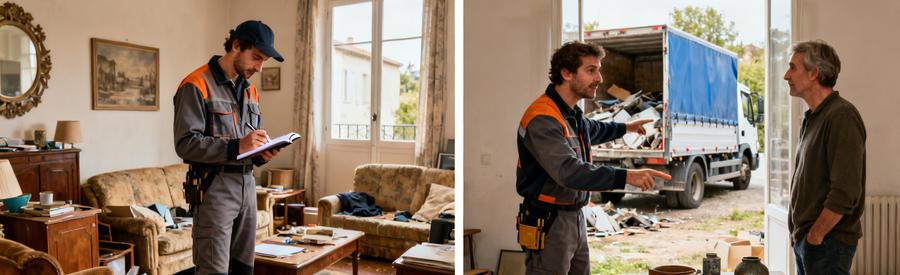 Un professionnel du débarras évalue des objets dans un salon, puis en discute avec un client dans un espace dégagé.