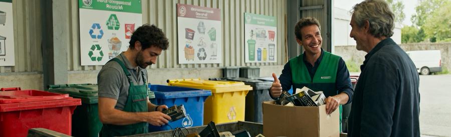 Professionnels du débarras à Rezé triant et recyclant des objets dans un entrepôt, illustrant un débarras responsable.
