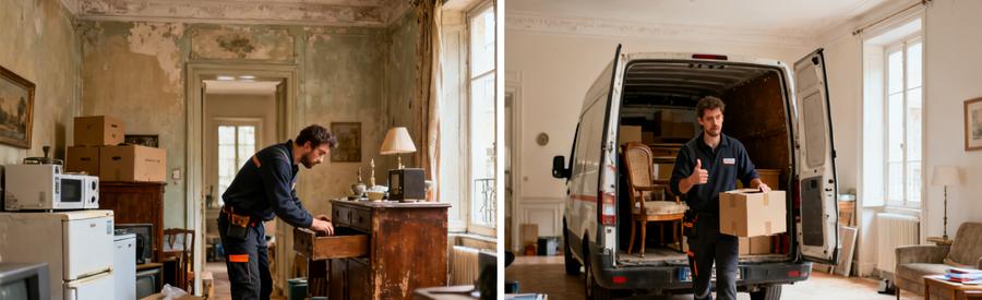 Comparaison d'un appartement encombré à Riom avant et après le débarras avec des professionnels au travail.