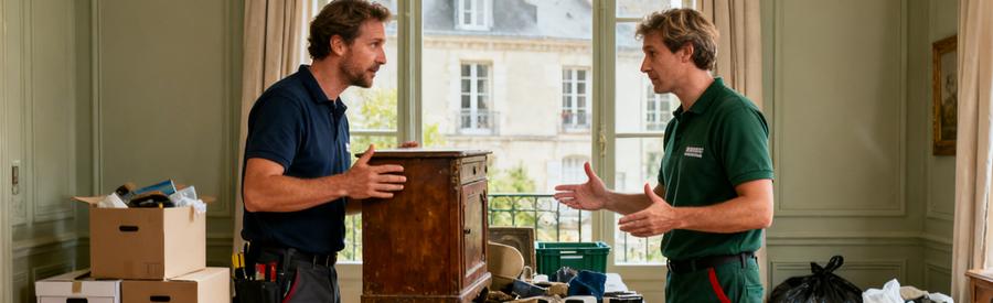 Deux professionnels du débarras à Rouen comparent des objets et discutent des services à offrir.