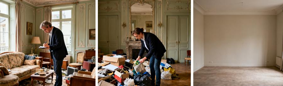 Débarrasseur professionnel évaluant, triant des objets, espace vide après débarras à Saint-Brieuc.